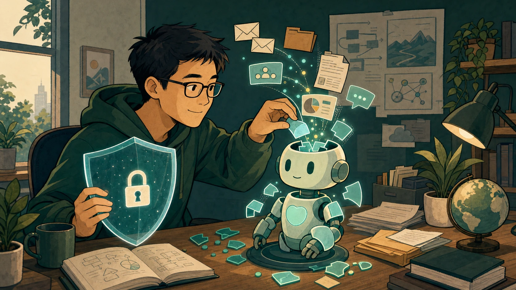 Cartoon engineer assembling an AI helper from project context while holding a privacy shield