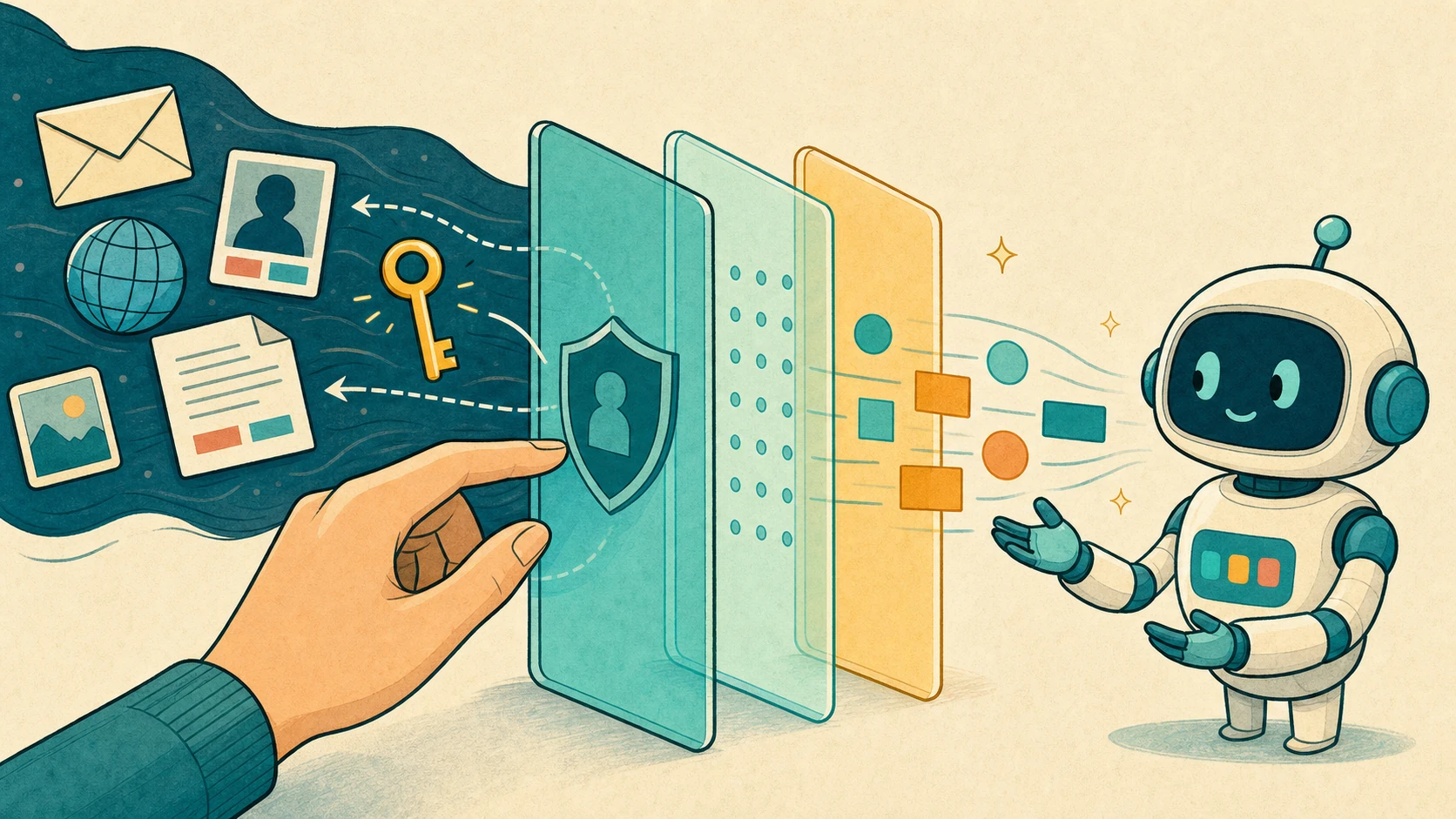 Cartoon privacy filter allowing selected context to reach an AI while keeping a key and identifying details protected