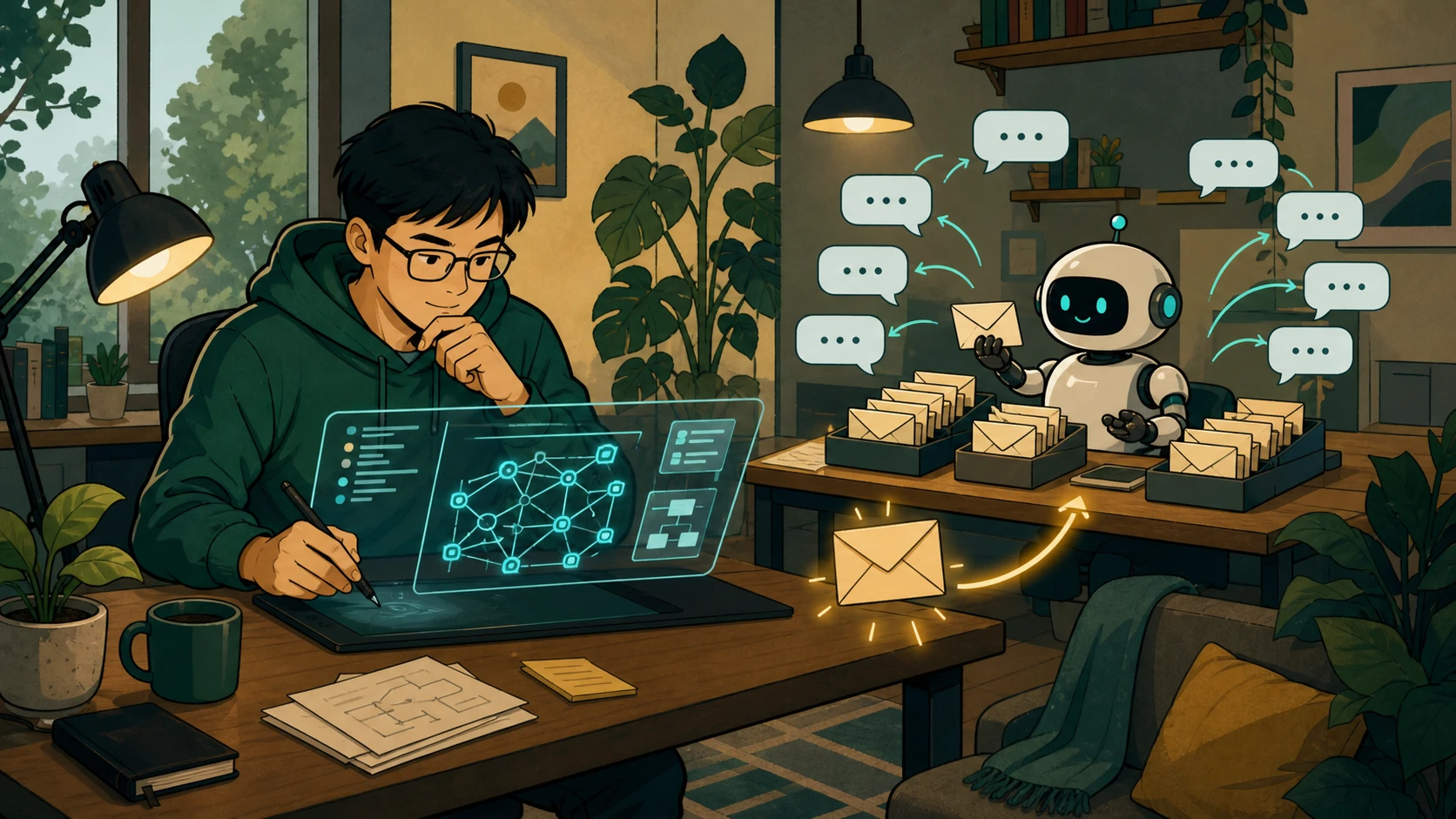 Cartoon engineer staying focused on a project while an AI handles repeated emails and returns an unusual message for review