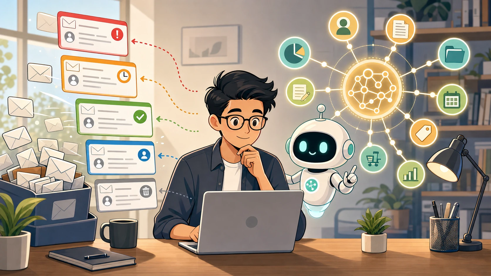 A business owner using an AI email dashboard connected to a memory graph