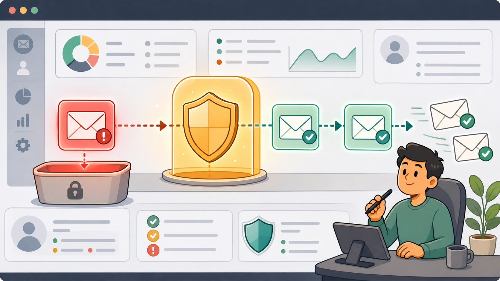A suspicious email quarantined for human review while safe emails continue to replies