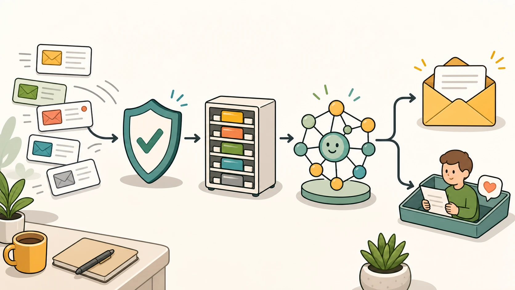 Incoming emails passing through safety scanning, classification, memory recall, reply, and human review outcomes
