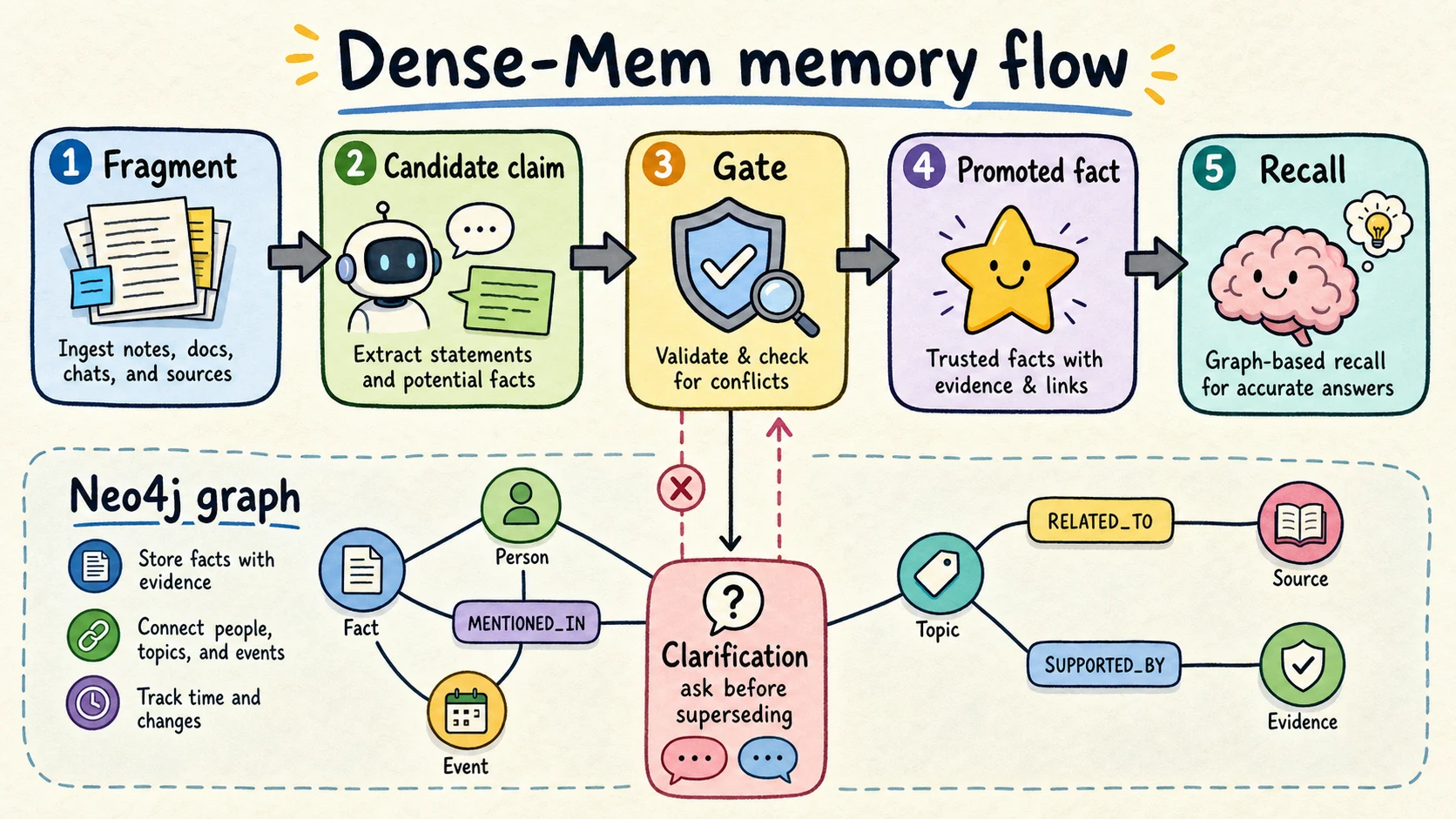 Dense-Mem memory flow from conversation fragment to managed graph memory
