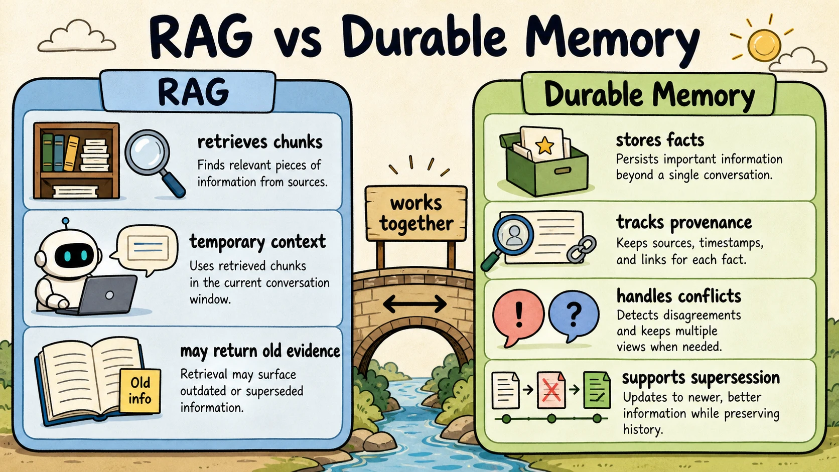 Comparison of RAG retrieval and durable AI memory
