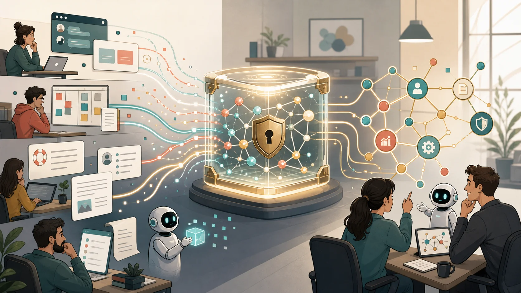 An AI product team routing scattered work context into one secure centralized knowledge graph