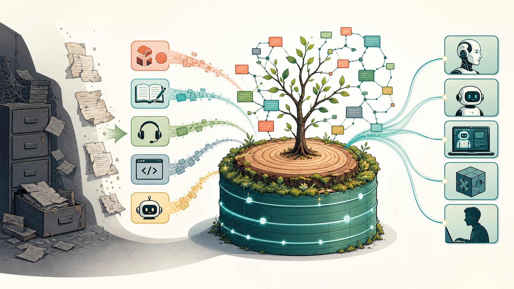 A company knowledge database growing as decisions, support notes, and AI observations feed it