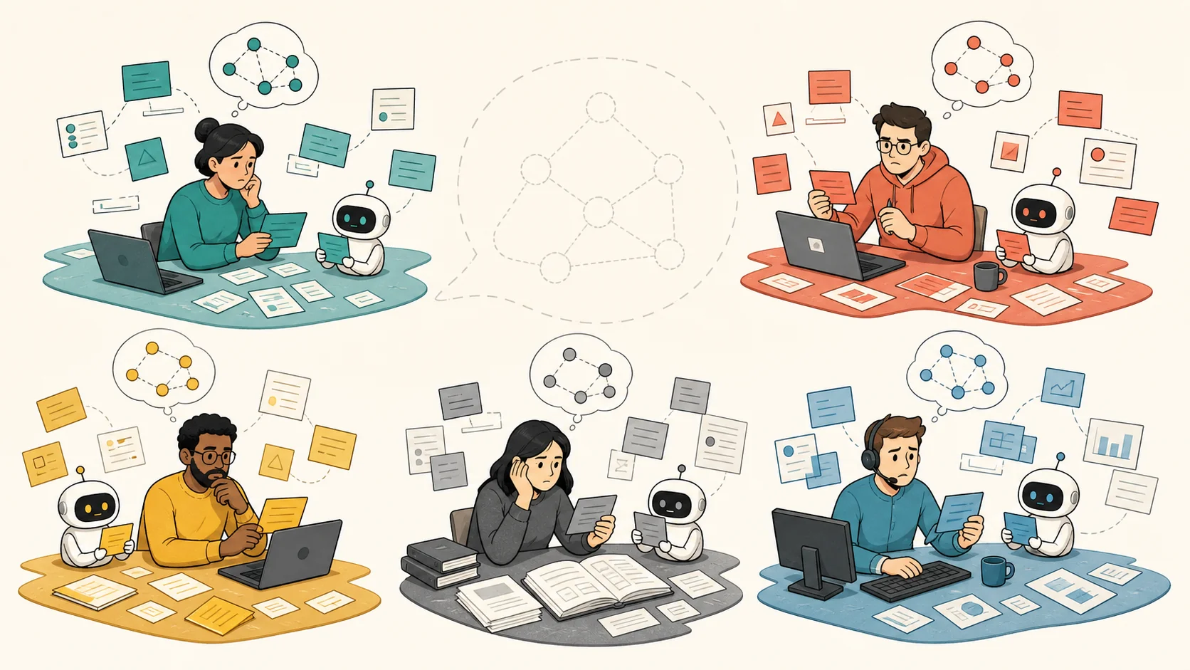 Product, engineering, explanation, support, and automation workflows each holding disconnected context