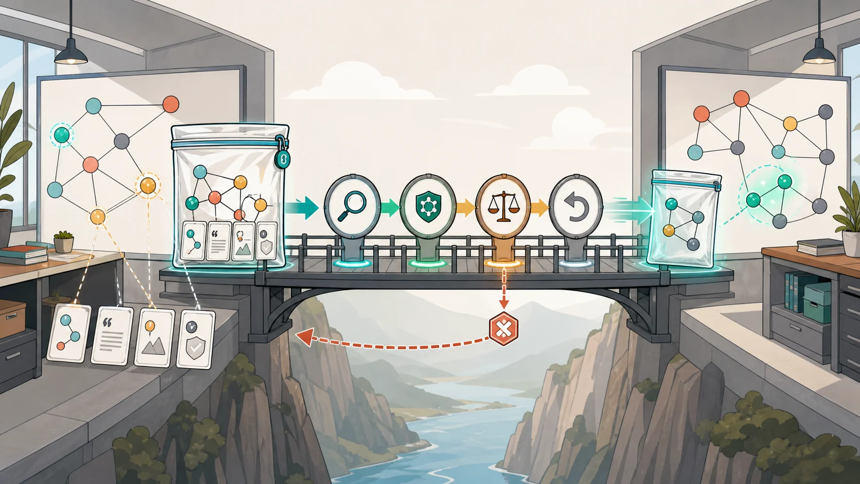 A reviewed knowledge bundle moving between two workspaces through inspection, integrity, conflict review, and rollback checkpoints