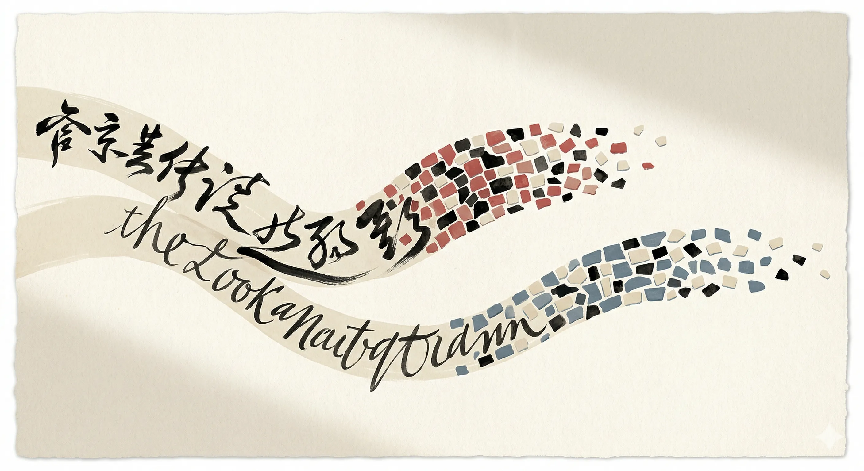 Editorial illustration of two flowing ribbons — one of Chinese brushstrokes, one of Roman letterforms — dissolving into colored tiles of different sizes