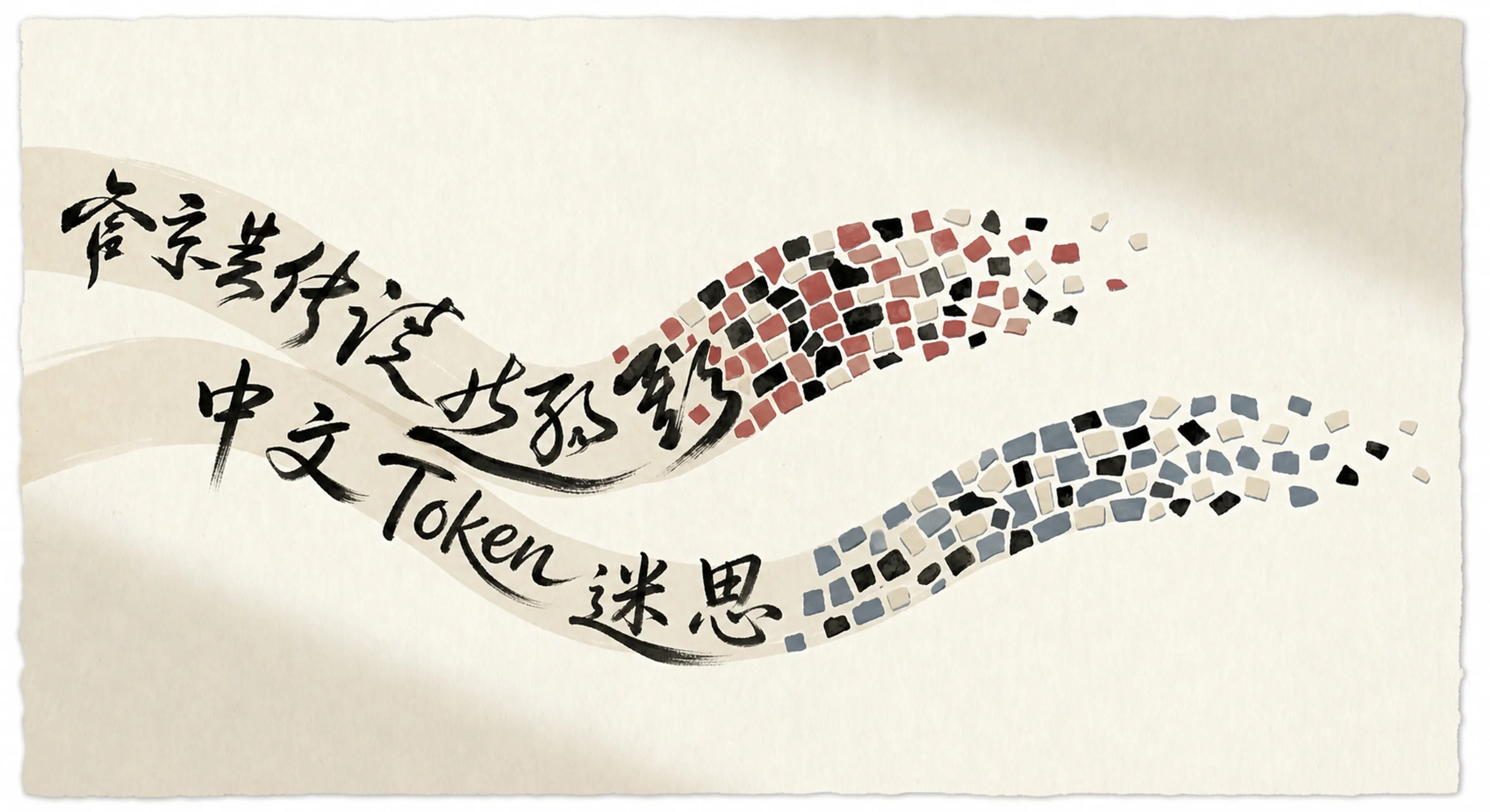 两条流动丝带,一条由中文笔画组成,一条由罗马字母组成,最后分解成不同大小的彩色 token 方块