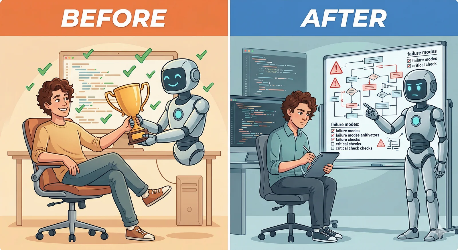 Left panel: a relaxed developer receiving a trophy from a smiling robot with green checkmarks everywhere. Right panel: the same developer taking notes while a serious robot points at a whiteboard covered in warning signs and flowcharts