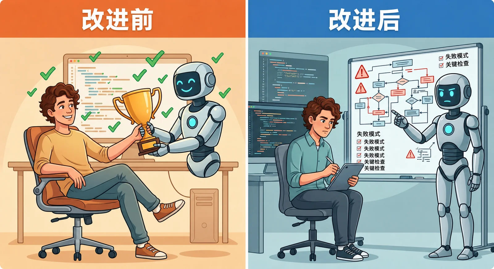 左边开发者从微笑机器人手里接过奖杯,周围都是绿色勾号;右边同一开发者记笔记,严肃机器人指向布满警告和流程图的白板