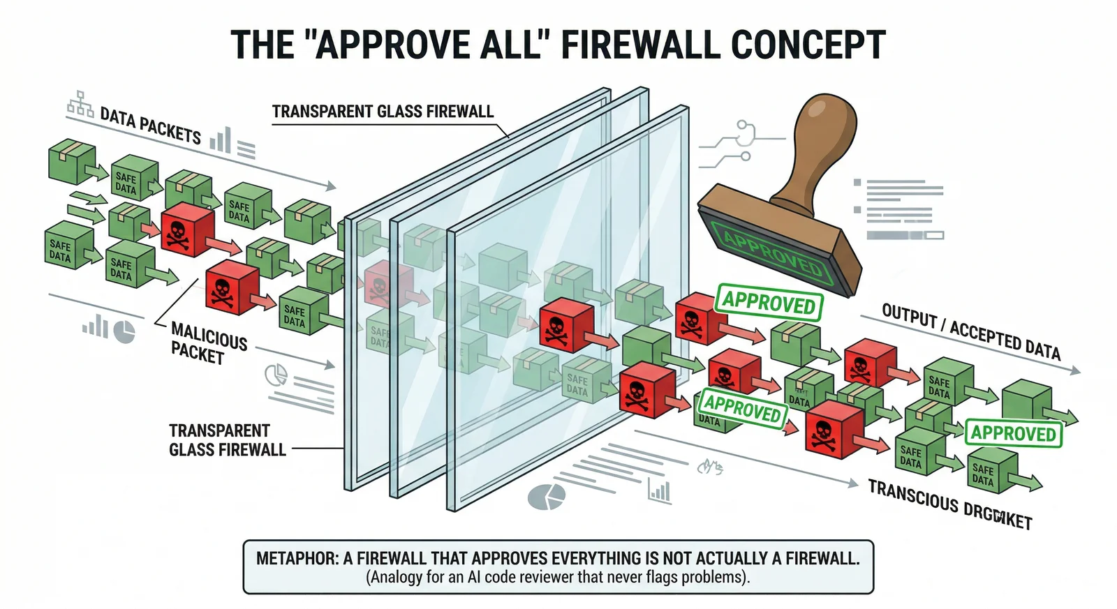 Diagram of a transparent glass firewall rubber-stamping all data packets as approved, including red packets marked with skull icons