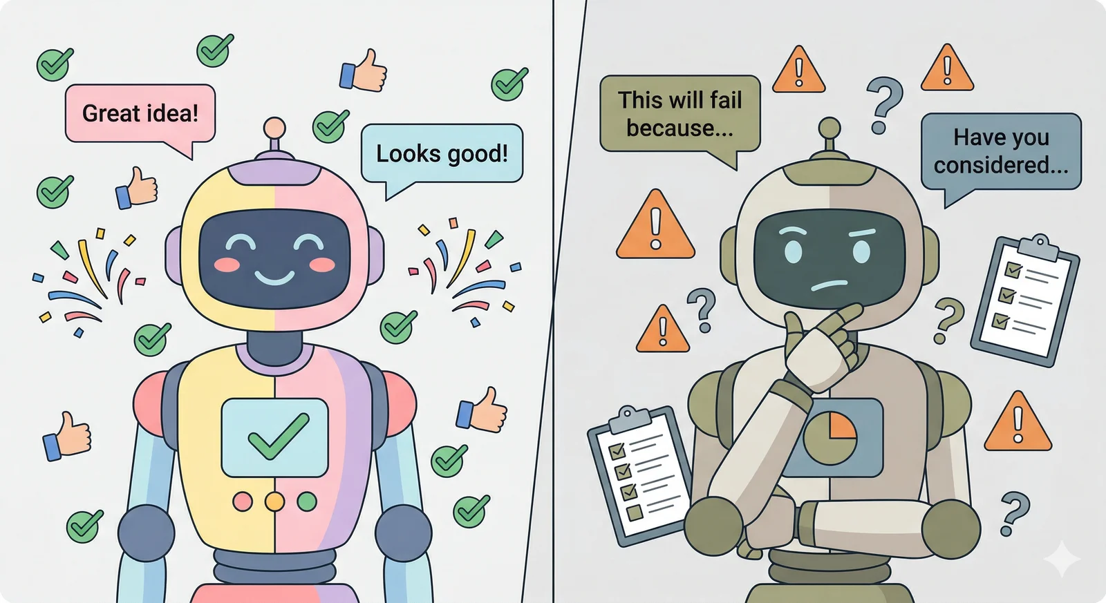 Split-screen: a cheerful robot giving thumbs up with green checkmarks on the left, a serious robot holding checklists with warning triangles on the right