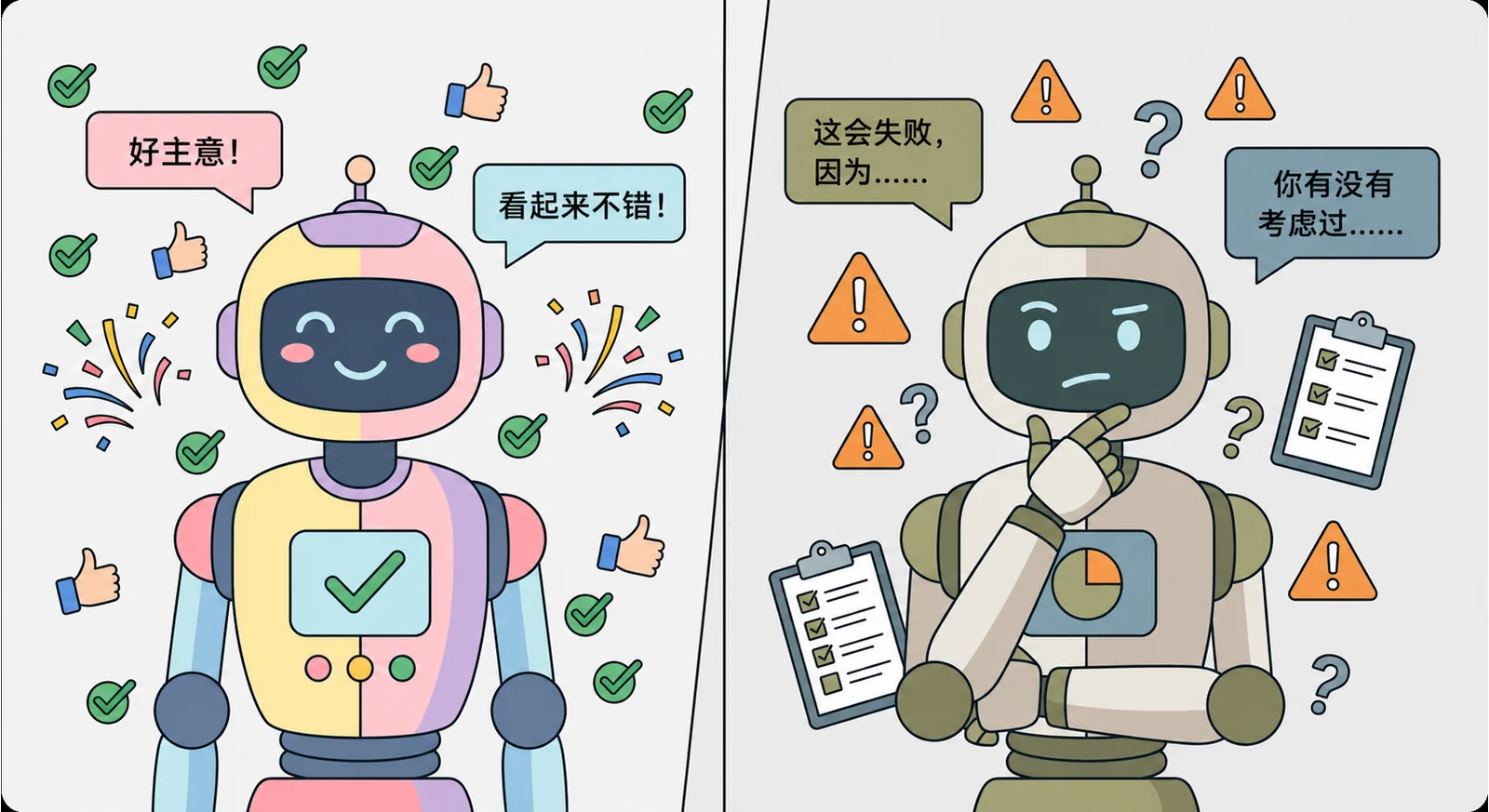 左边是竖起大拇指、周围有绿色勾号的快乐机器人;右边是拿着清单和警告标志的严肃机器人