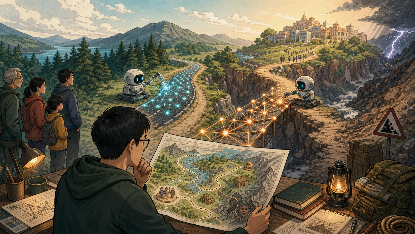 Cartoon AI rapidly building two technical paths while an engineer studies the users, terrain, constraints, and destination