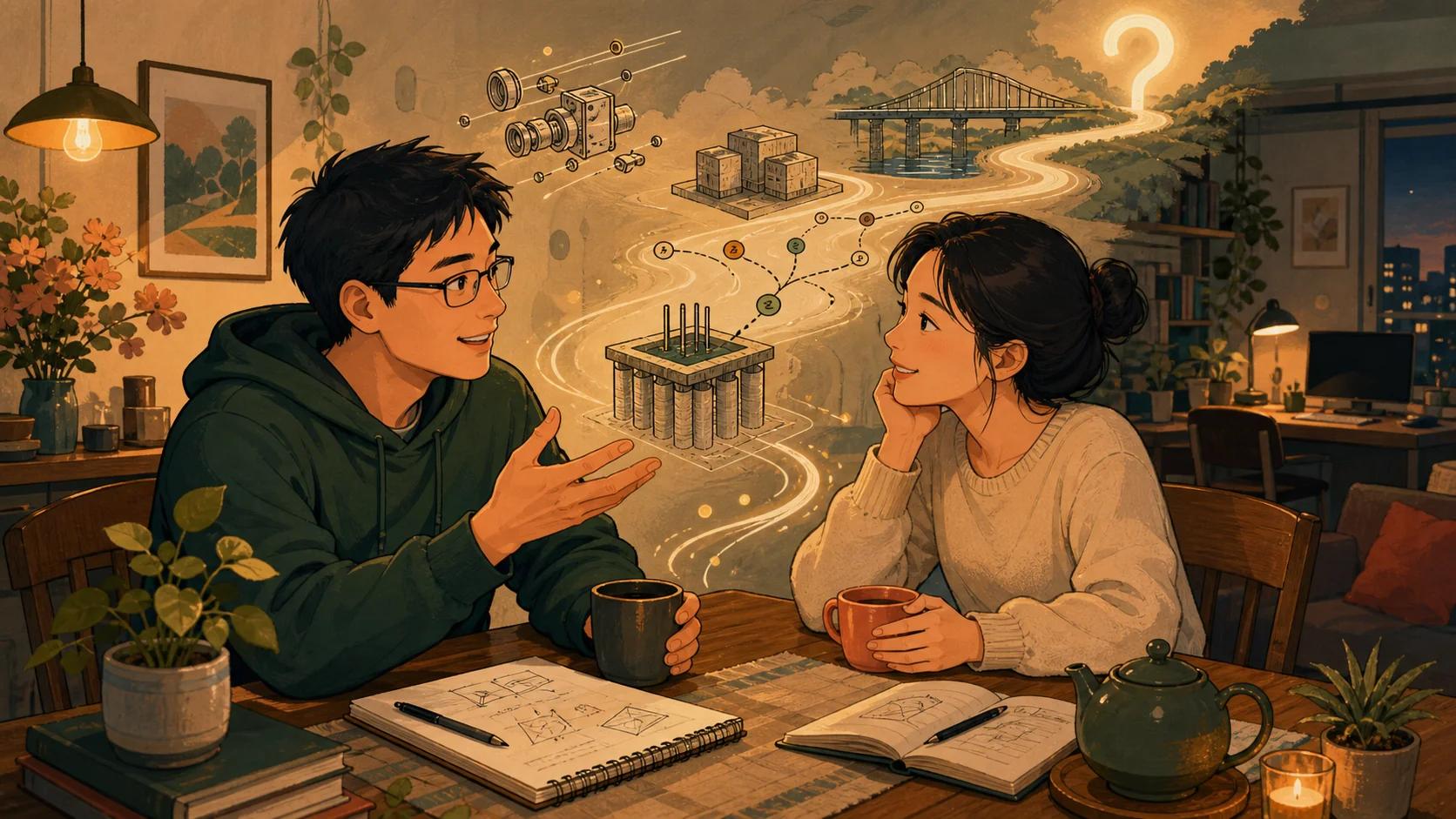 Cartoon couple talking at a kitchen table while an engineering path takes shape from their conversation