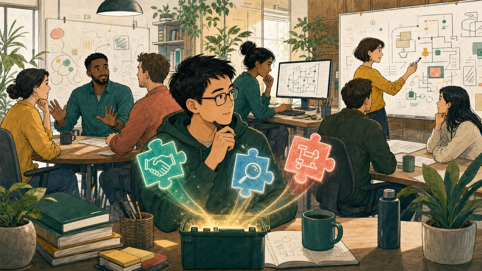 Cartoon engineer learning calm communication, careful debugging, and clear decision-making from coworkers