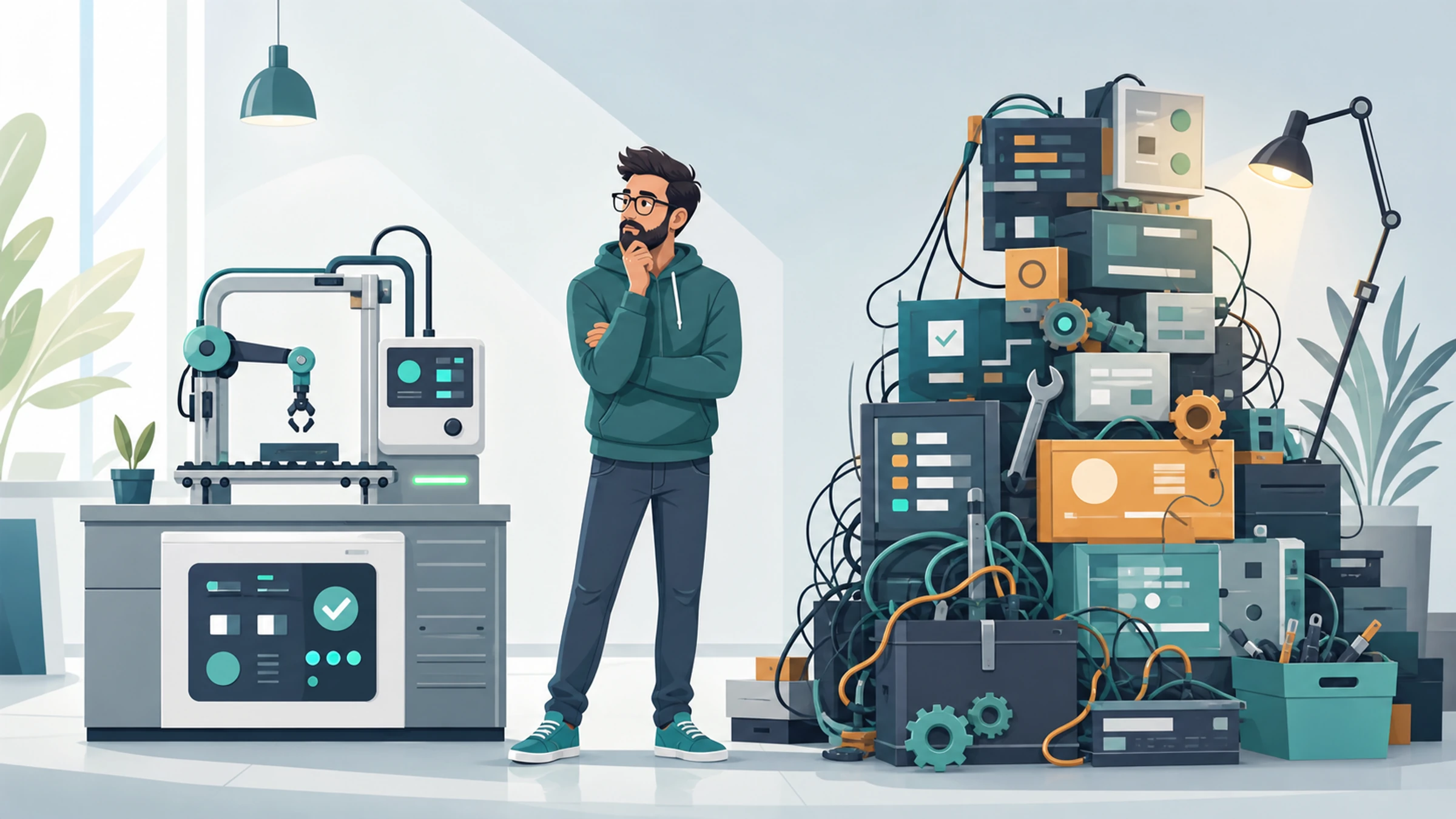 A developer comparing a lightweight CI automation machine with a much larger pile of maintenance work