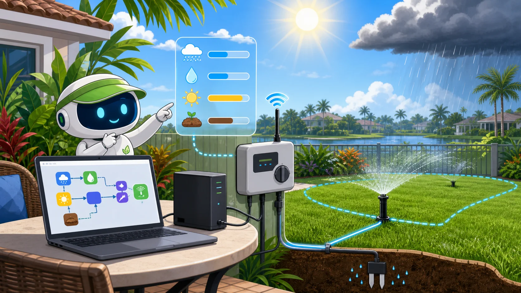 友好的 AI 助手把天气数据连接到家庭灌溉工作流和草坪喷头