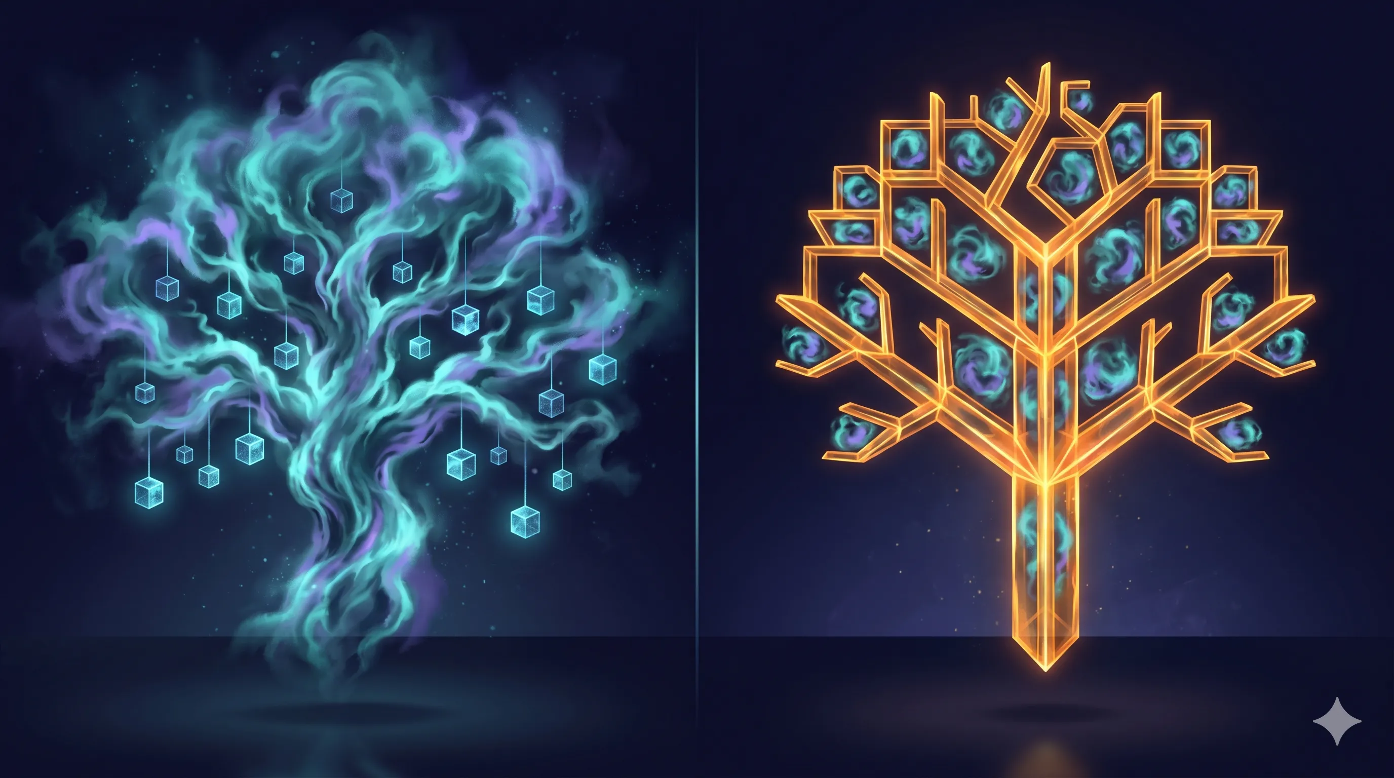 分屏图:一边是概率云包着确定性方块,另一边是确定性晶格包着有界概率气泡