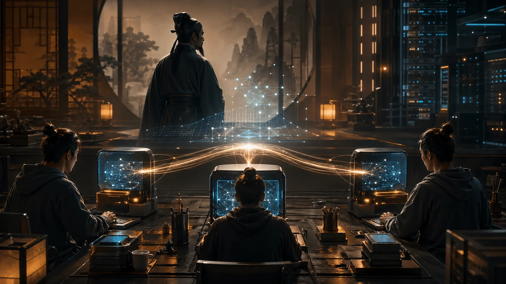 An ancient strategist silhouette looking over three focused AI workstations connected by soft threads of light