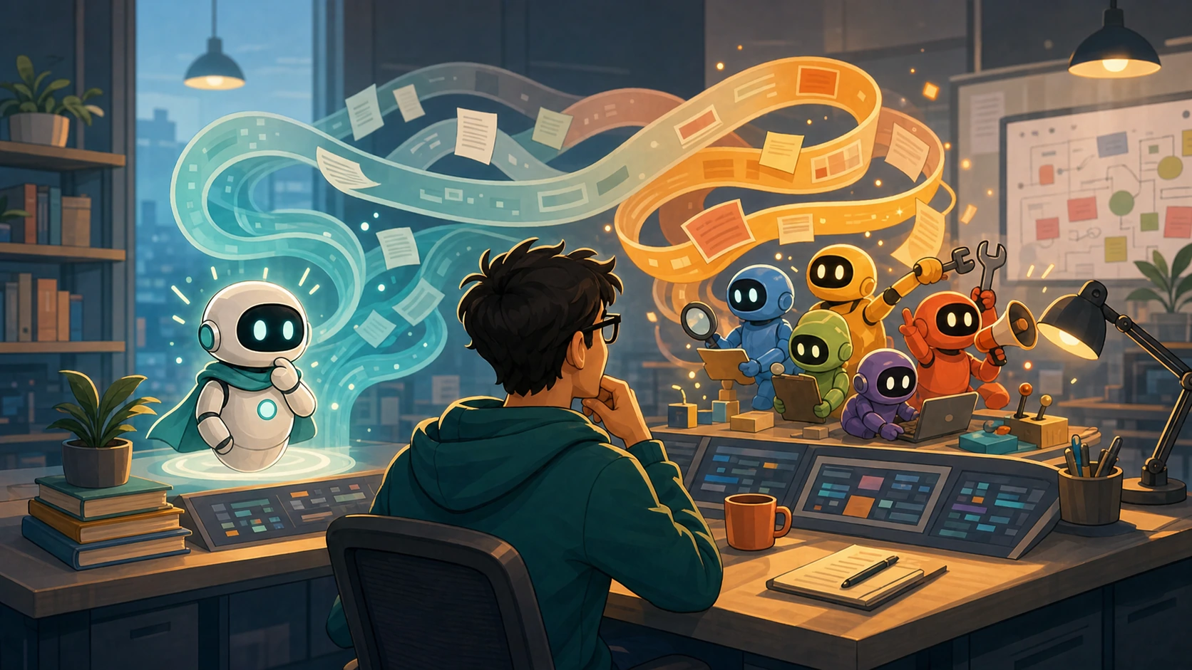 A developer at an AI control desk comparing one focused reasoning engine with a busy swarm of helper machines