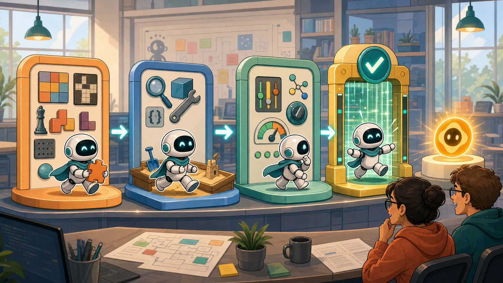 A cartoon AI helper moves through separate benchmark stations for tasks, tools, settings, verification, and the final result