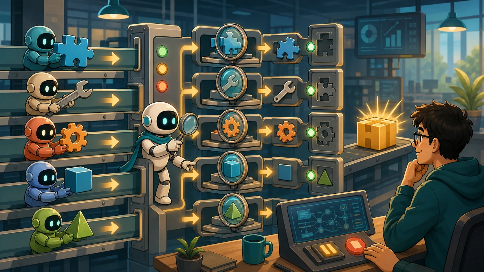 A lead AI agent routes several worker outputs through visible test gates before presenting one reviewed result to a developer
