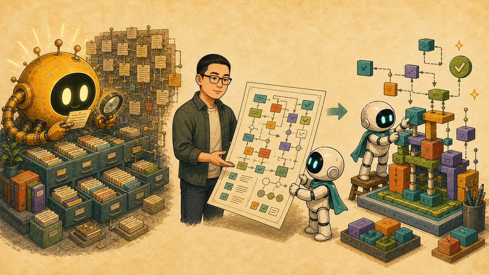Mark 看着一台大型规划机器把详细蓝图交给一台更小的实现机器人