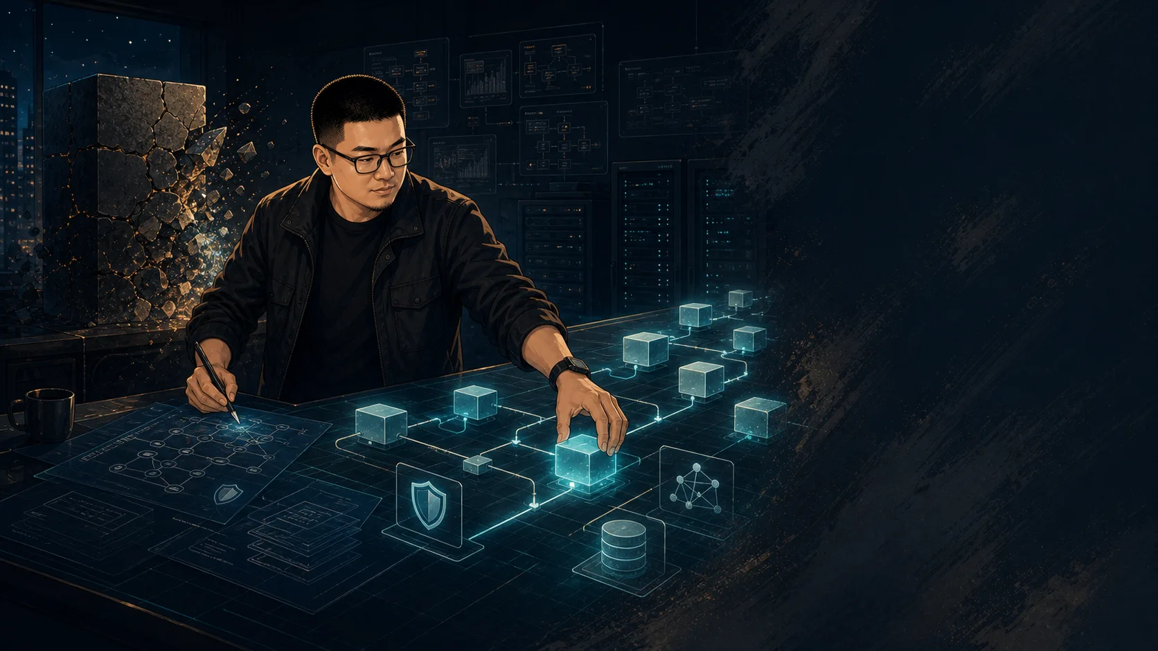 Mark 把破旧遗留模块改造成发光微服务模块的风格化插画。