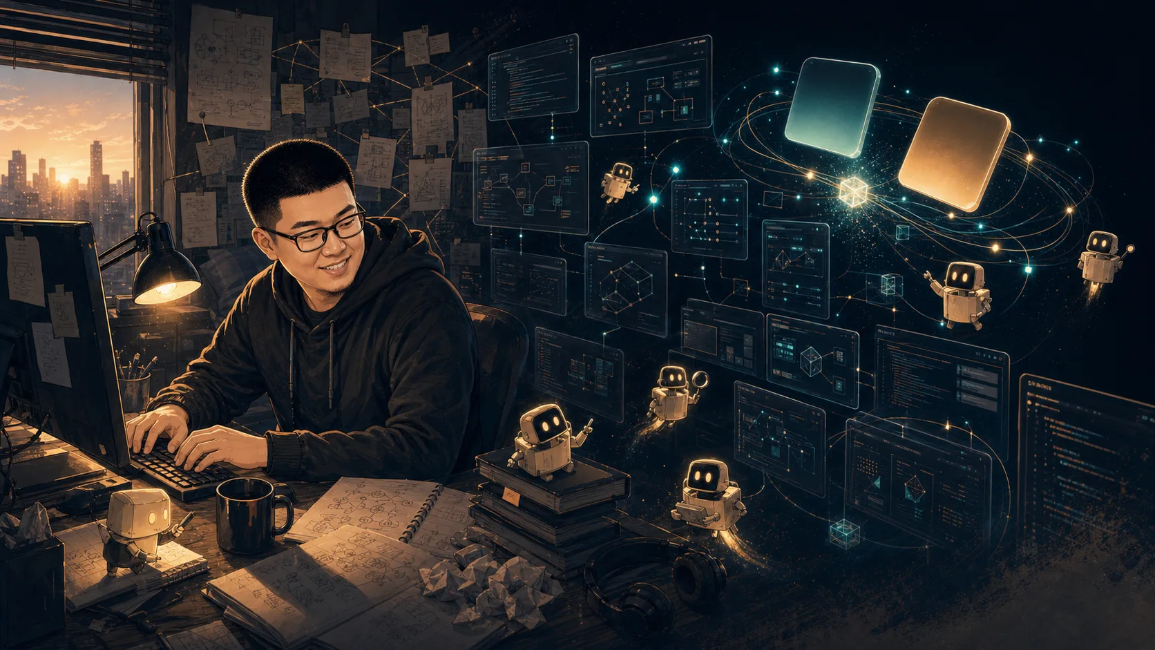 Mark 在清晨书桌前面对 AI 代理和想法线索微笑的风格化插画。
