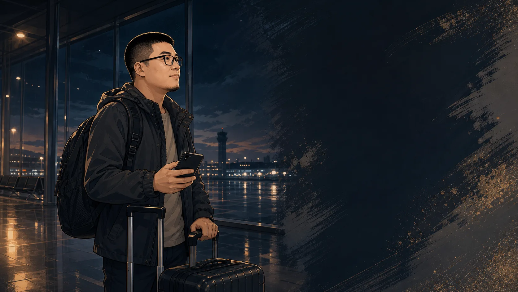 Mark 夜晚带着行李站在安静机场里的风格化插画。