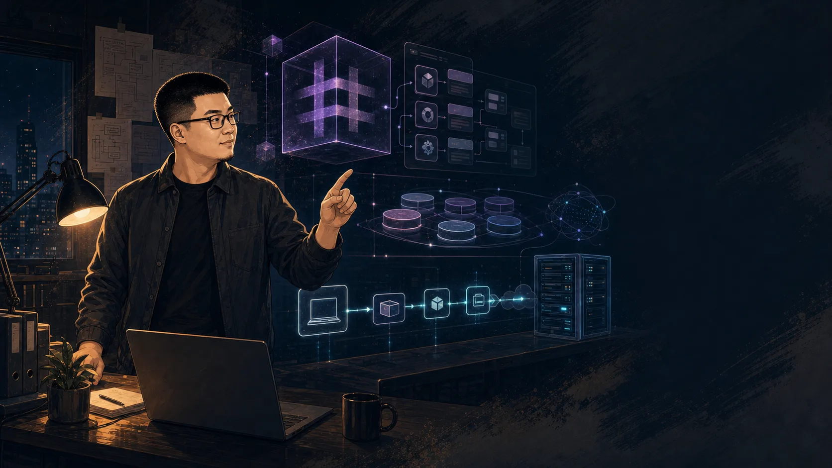 Mark 指向受 C# 启发的全栈系统和部署层的风格化插画。