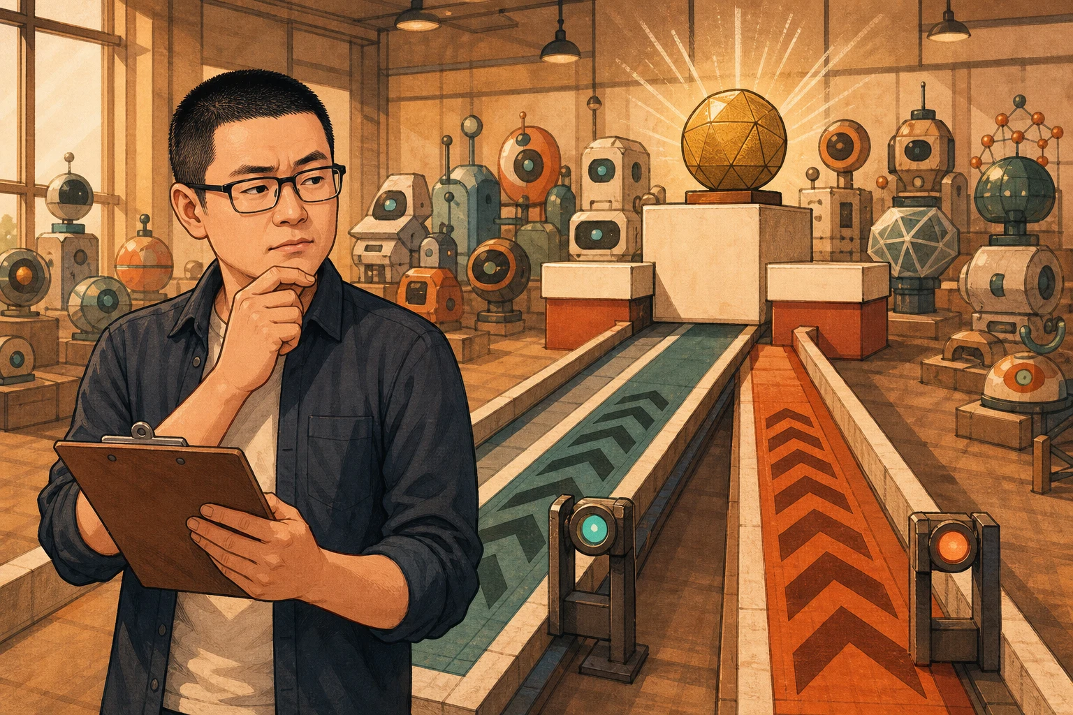 Mark studies two testing lanes that lead a crowded field of AI machines toward a single podium