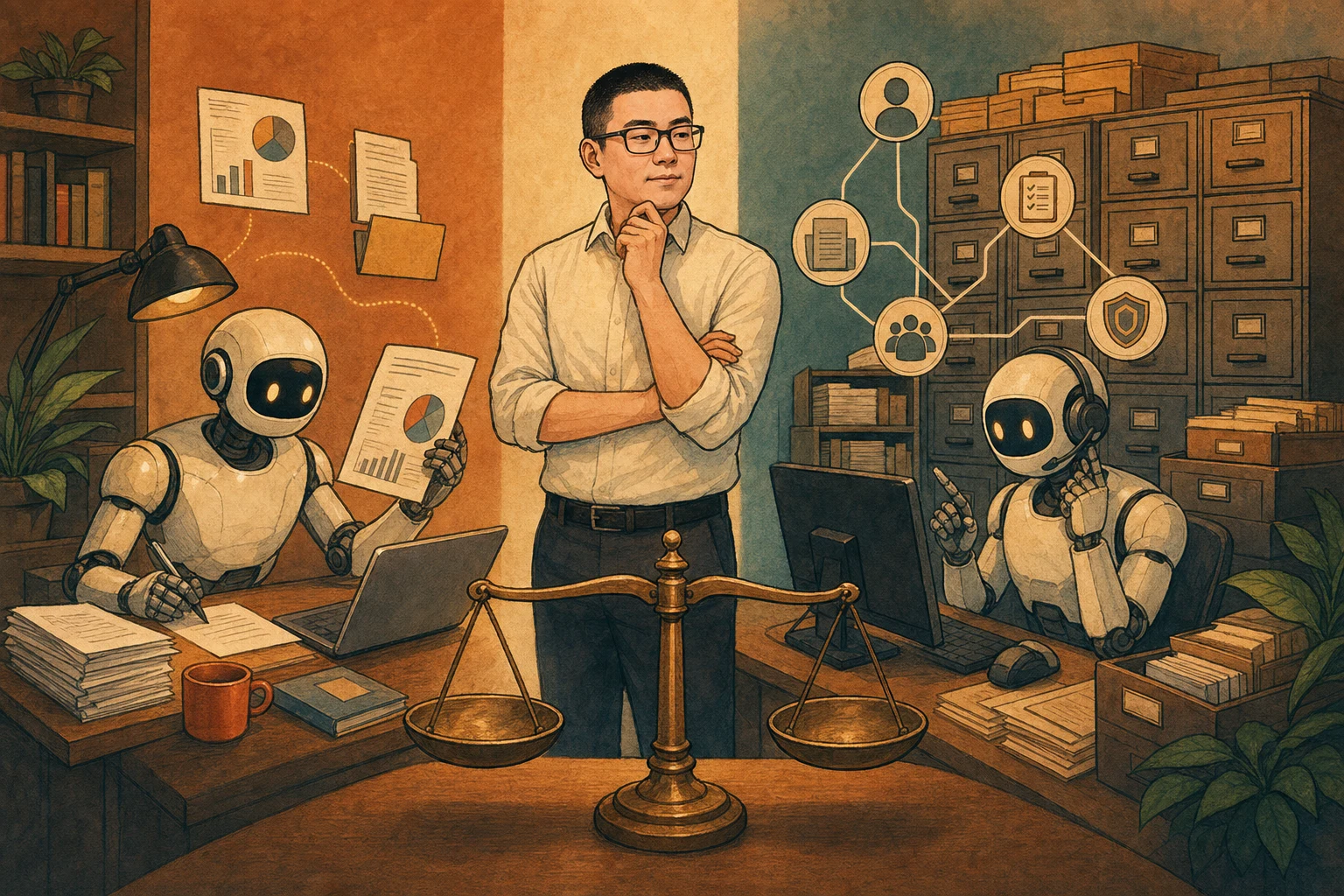 Mark compares an office-work agent with a customer-service agent operating through documents and tools