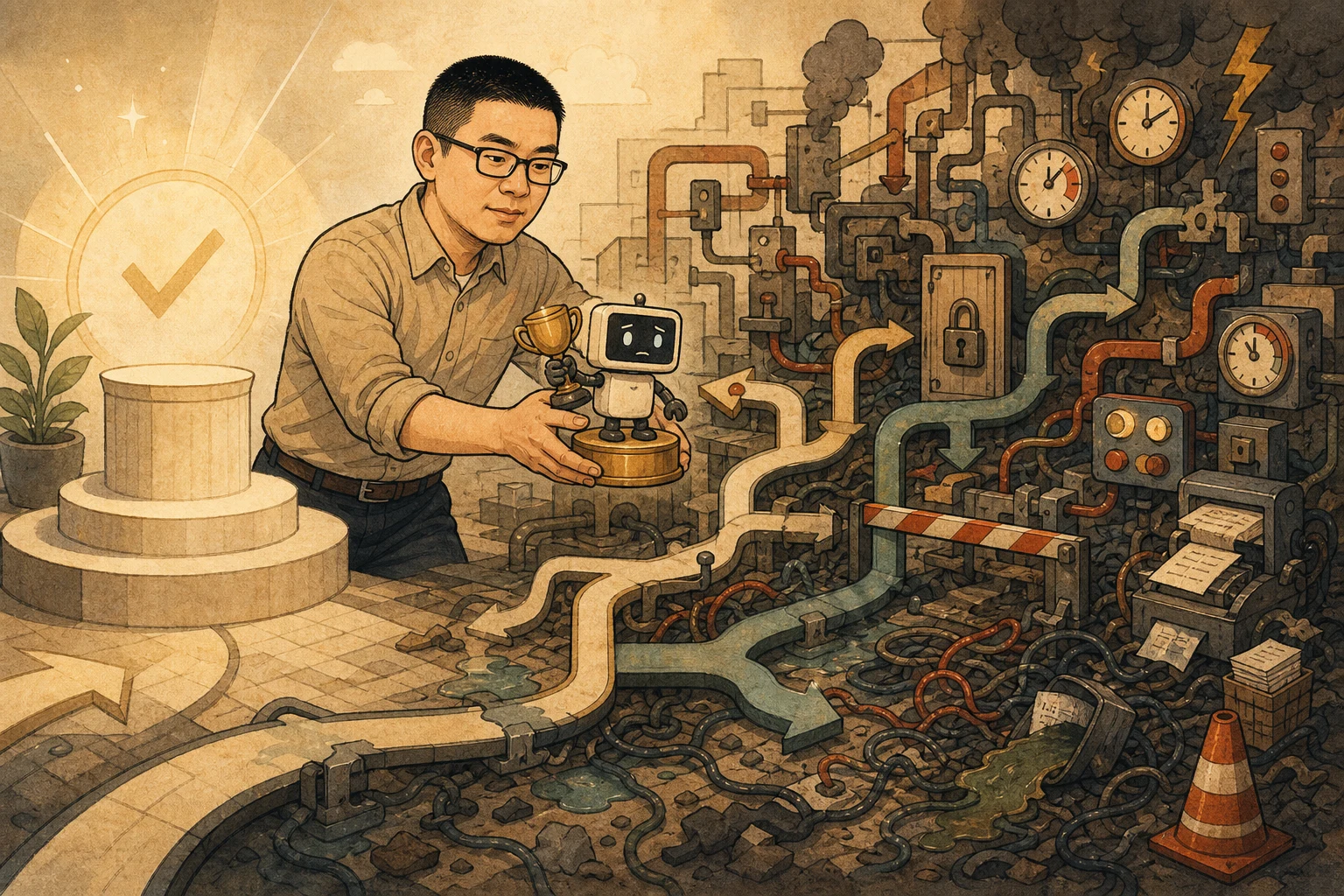 Mark moves a trophy-winning AI machine from a simple benchmark into a tangled production workflow with gates and recovery paths