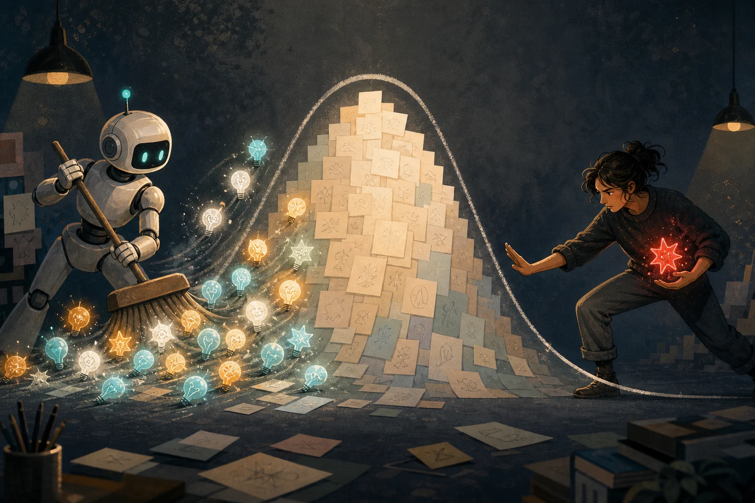 A cartoon robot sweeps glowing idea sparks toward a bell curve while a human protects one unusual red spark at the edge