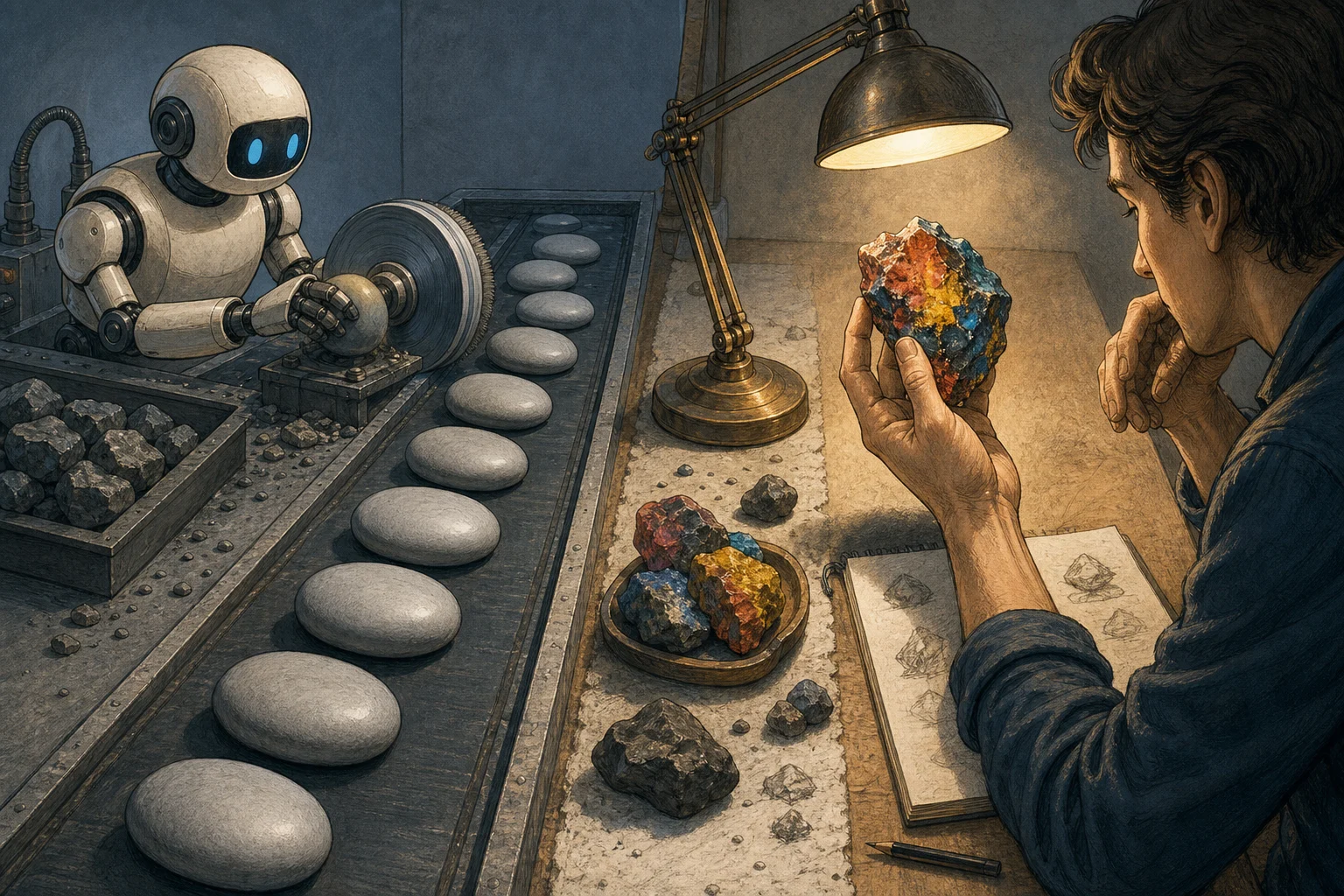 A cartoon robot polishes rough rocks into identical smooth pebbles while a human studies one jagged colorful stone under a lamp