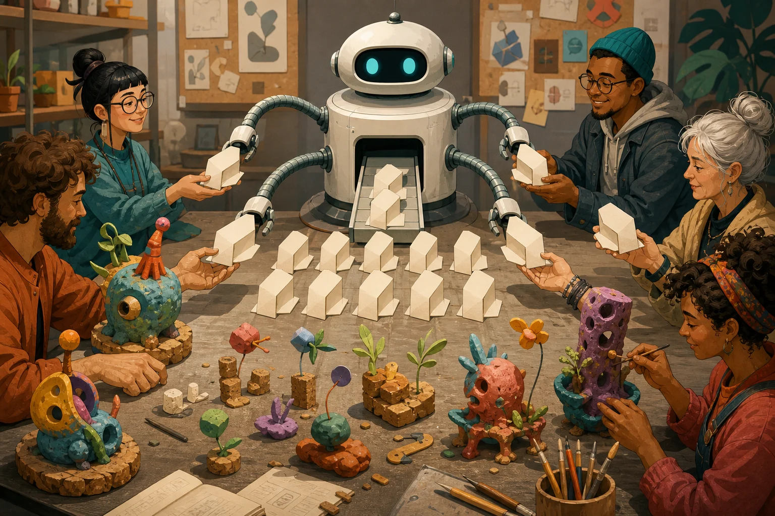 A cartoon robot gives several creators identical blank paper shapes while unusual handmade objects grow around the table edges