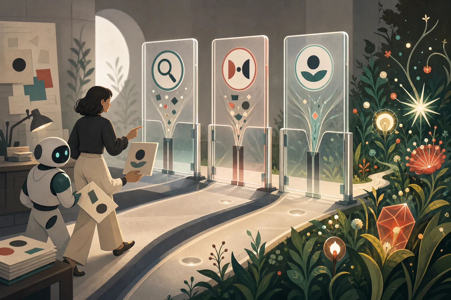 A cartoon human editor guides a small AI assistant through glass checkpoints toward a garden of unusual glowing ideas