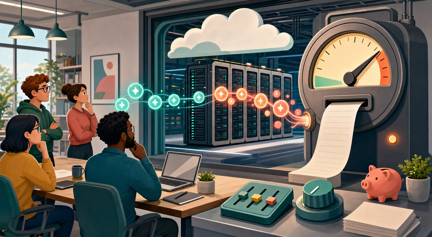 A cartoon team watches AI request bubbles pass through cloud servers into a cost gauge and a stack of blank invoices