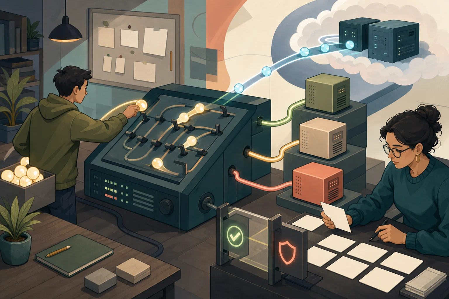 A cartoon engineer routes glowing AI requests through an unbranded model switchboard while another reviewer checks blank evaluation cards