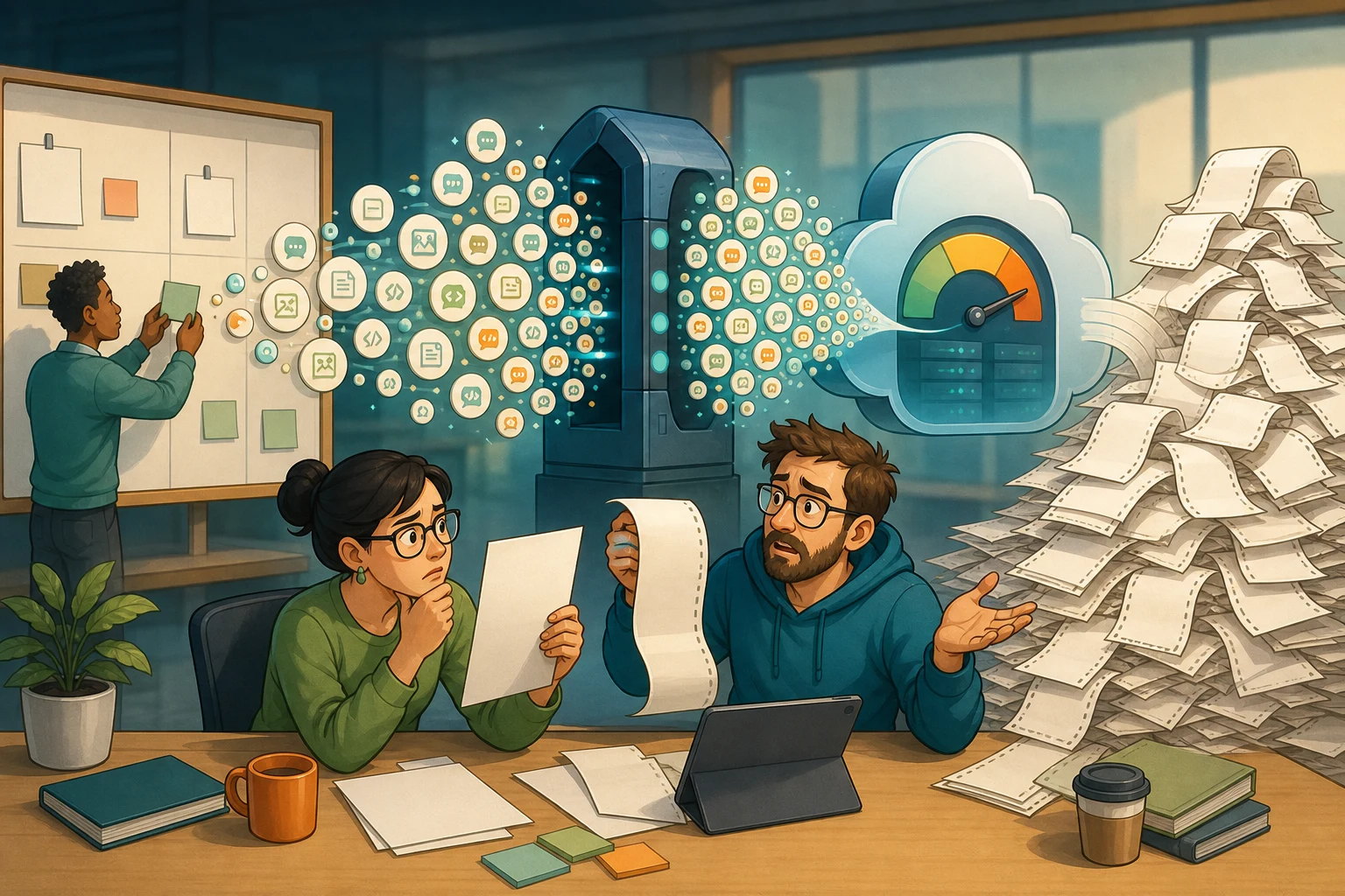 A cartoon product team watches many small AI task bubbles multiply into a cloud cost meter and a tall stack of blank receipts