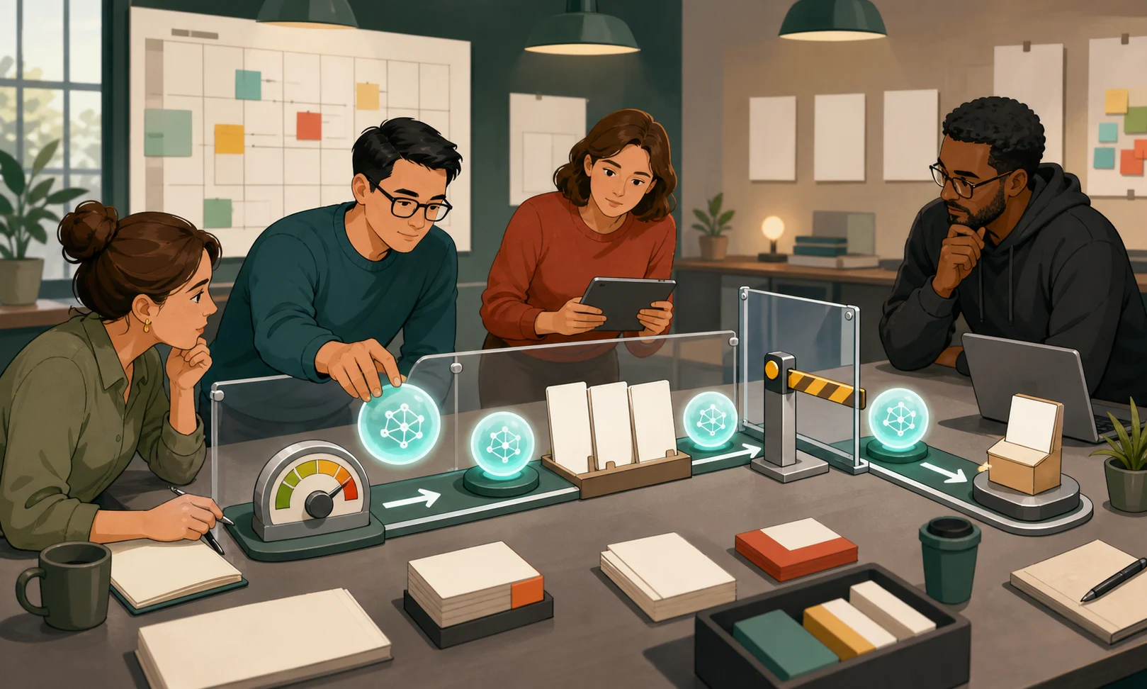A cartoon product, finance, and engineering team reviews glowing AI tasks through blank budget, evaluation, approval, and outcome checkpoints