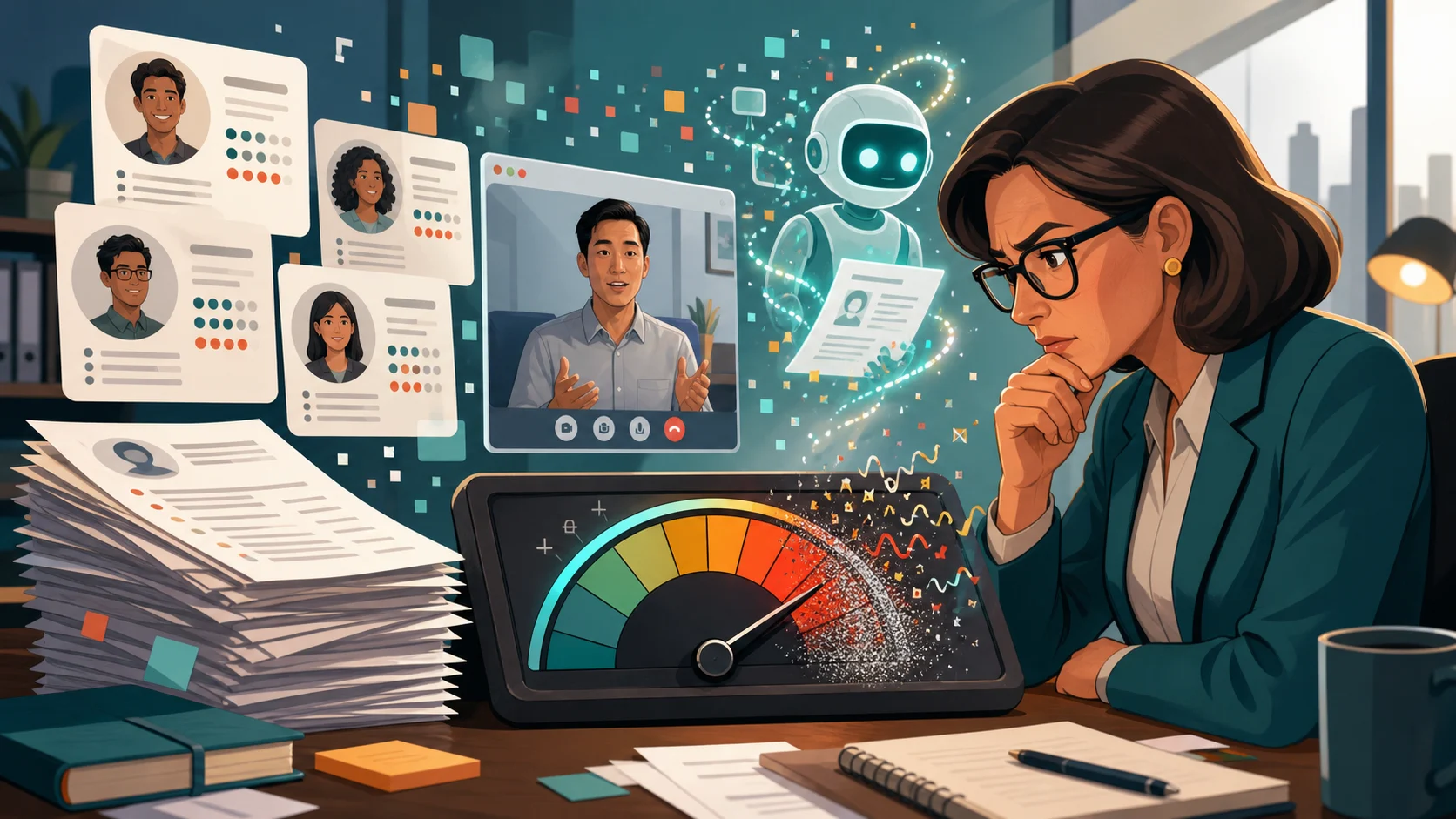 A recruiter studies noisy hiring signals while AI-polished resumes and a remote interview fill the desk