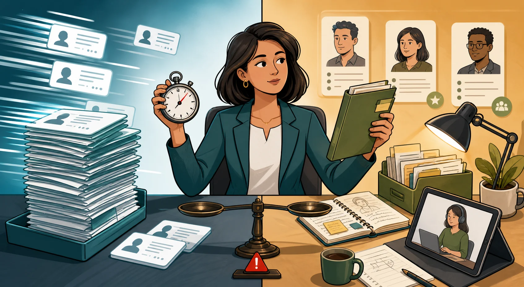 A recruiter balances a stopwatch against practical candidate evidence in a split hiring scene