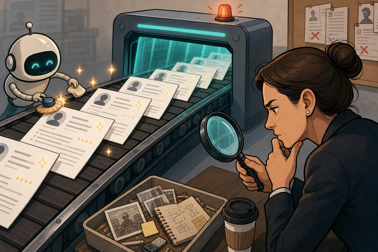 A recruiter examines a conveyor belt of AI-polished resumes with a magnifying glass