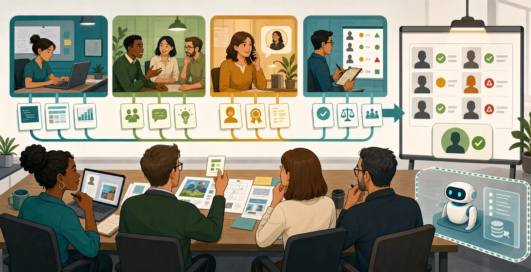 A hiring team reviews multiple evidence stations before making a decision while an AI assistant stays bounded to one tool area