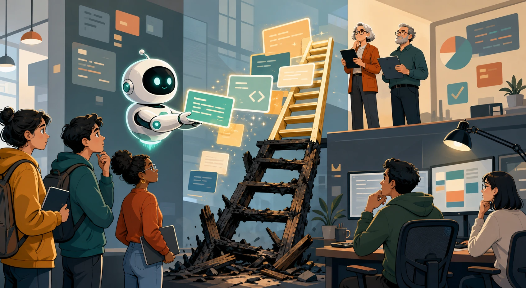 A cartoon AI assistant hands code cards beside a damaged career ladder while junior programmers wait below and senior reviewers watch above